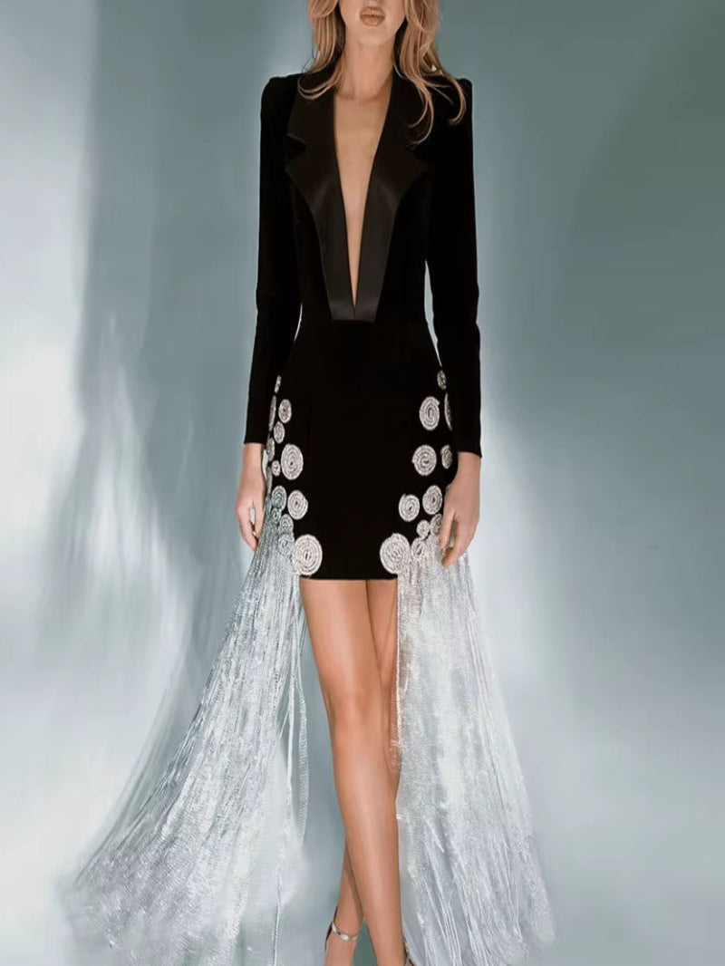 Patchwork Chain Dresses for Women Deep V Neck Long Sleeve High Waist Slimming Elegant Mini Dress Female Fashion New